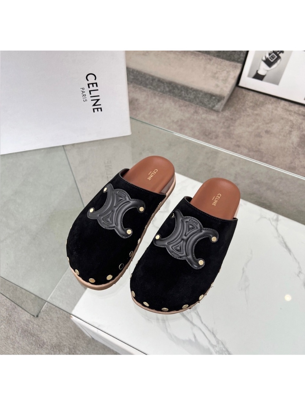 Celine Black Suede Logo Stud Clog Mules with Brown Insole